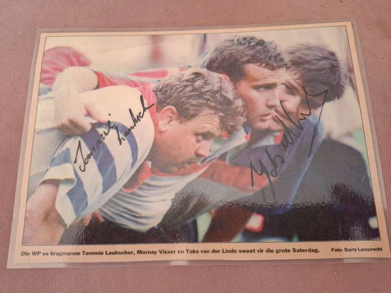 Rugby, Tommy Laubscher, Toks van der Linde original autographs, Laminated