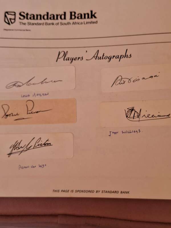 5 Springboks original autographs, L Moolman, Piston van Wyk, Piet Visagie, J Williams, Gysie Pienaar