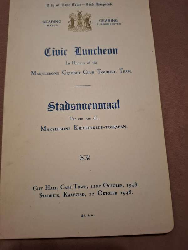 MCC 1947/48 tour to South Africa, Luncheon card signed by 7 members
