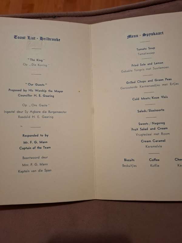 MCC 1947/48 tour to South Africa, Luncheon card signed by 7 members