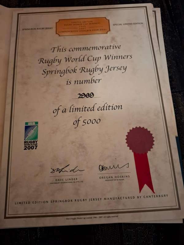Limited Edition Rugby World Cup Rugby Jersey 2007(no 2969) of only 5000