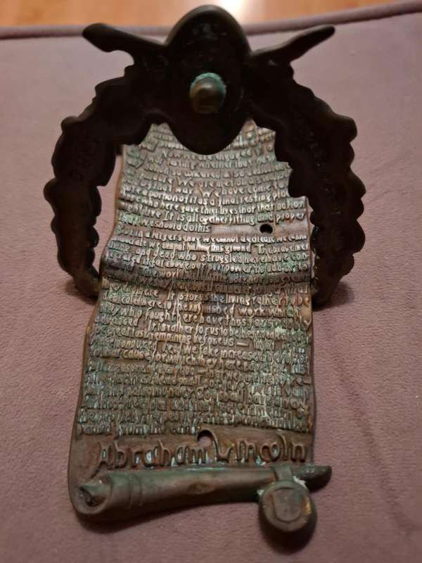 Antique, Abraham Lincoln Gettysburg address door knocker brass