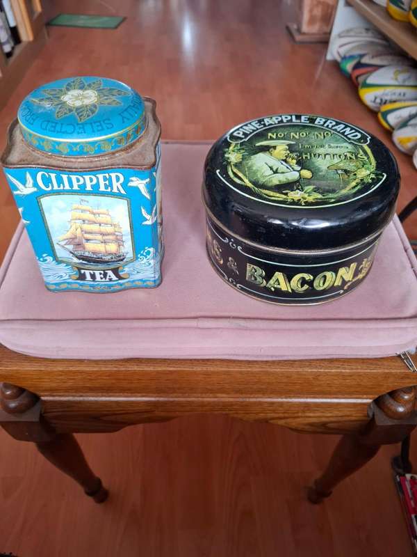 Clipper tea tin and Huttons Pine-apple Brand Hams and Bacon tin, 2 for price of 1