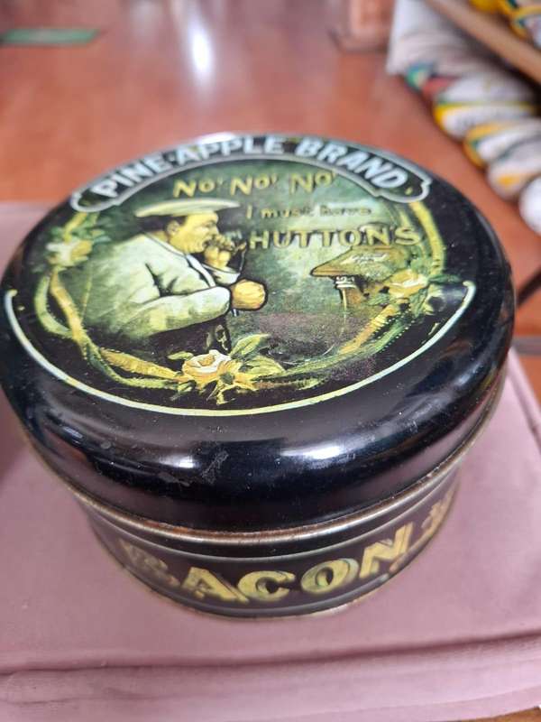 Clipper tea tin and Huttons Pine-apple Brand Hams and Bacon tin, 2 for price of 1