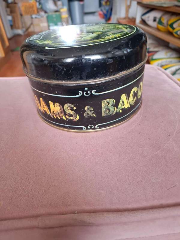 Clipper tea tin and Huttons Pine-apple Brand Hams and Bacon tin, 2 for price of 1