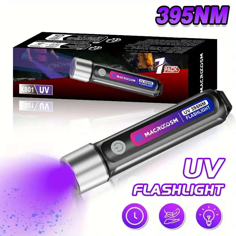 2 Pcs LED UV Flashlight 395nm USB Rechargeable Outdoor Camping Torchlight