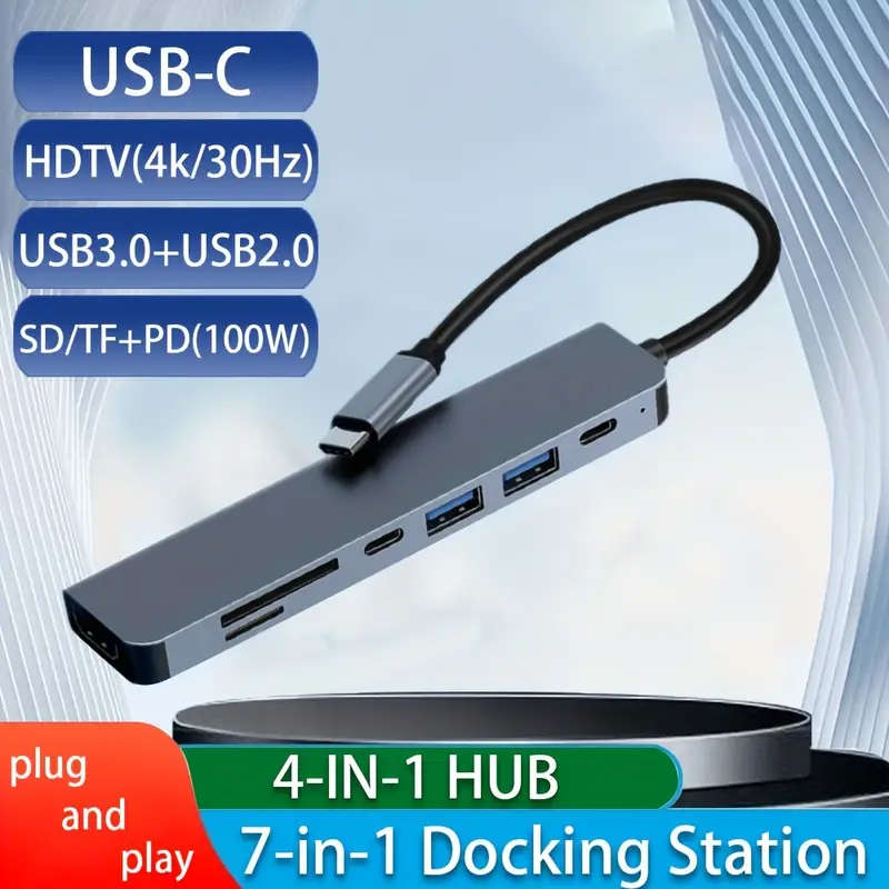 4K HDMI 7 IN 1 USB-C Hub, USB 3.0 Ports, SD/TF Card Reader, Type-C, PD USB HUB USB DOCK