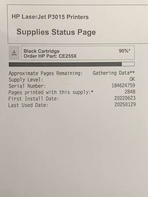HP Laser Printer LaserJet Enterprise P3015  Printer - 90% Toner Left