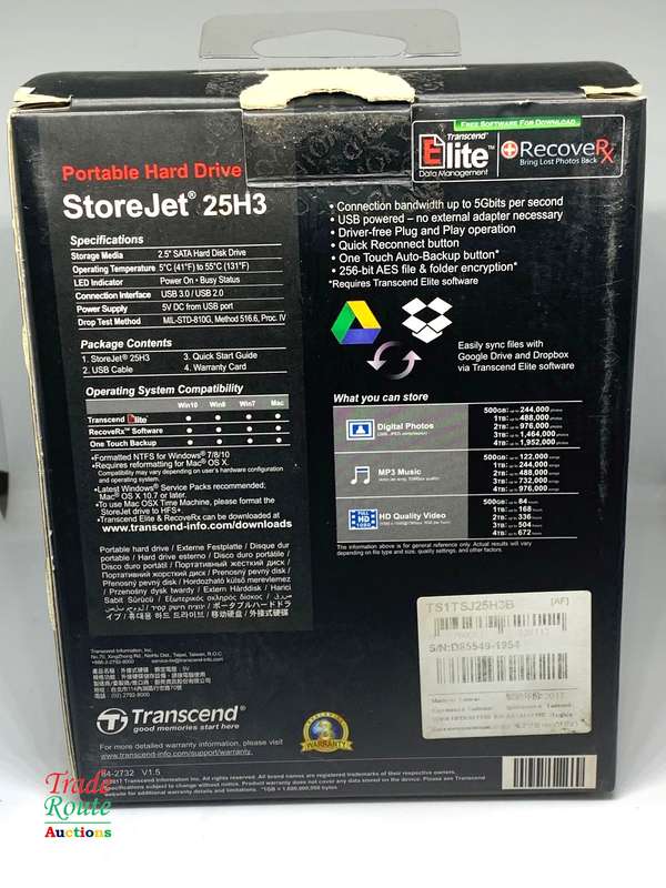 1TB External HDD - Transcend StoreJet 25H3 ** NEW OPEN BOX **