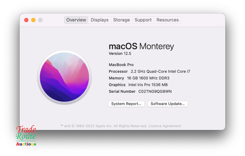 Apple MacBook Pro 15.4-inch  | Core i7 2.2GHz | 16GB RAM | 256GB SSD MID 2015 **  MAC OS Monterey **