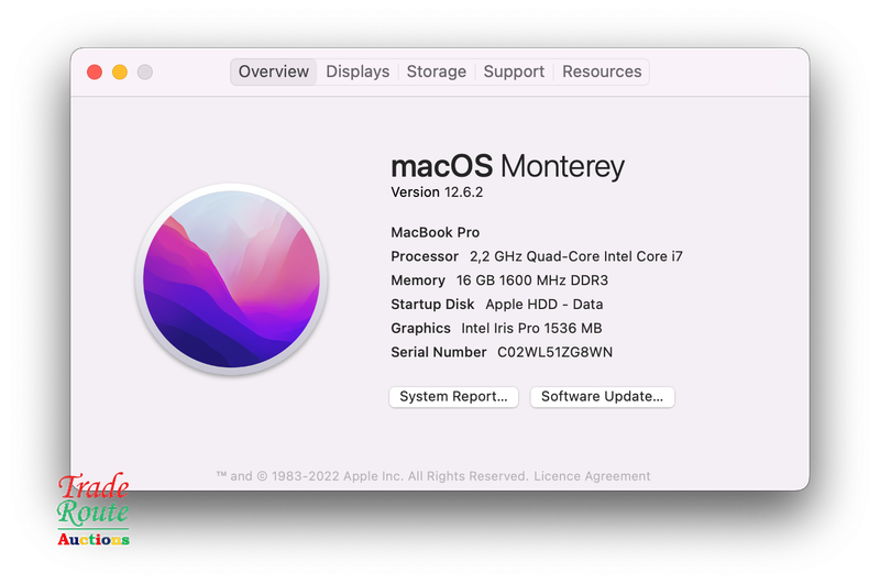 Apple MacBook Pro 15.4-inch  | Core i7 2.2GHz | 16GB RAM | 256GB SSD MID 2015 **  MAC OS Monterey **