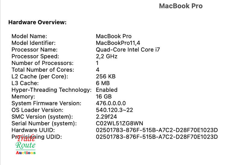 Apple MacBook Pro 15.4-inch  | Core i7 2.2GHz | 16GB RAM | 256GB SSD MID 2015 **  MAC OS Monterey **