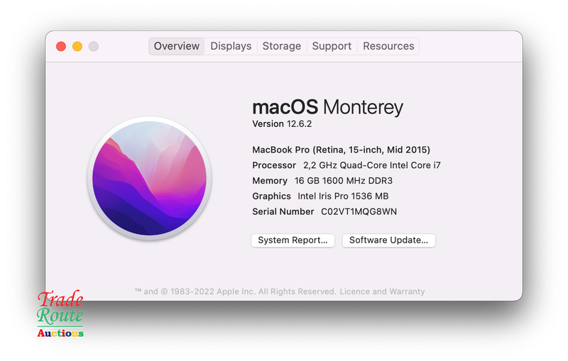 Apple MacBook Pro 15.4-inch  | Core i7 2.2GHz | 16GB RAM | 256GB SSD MID 2015 **  MAC OS Monterey **