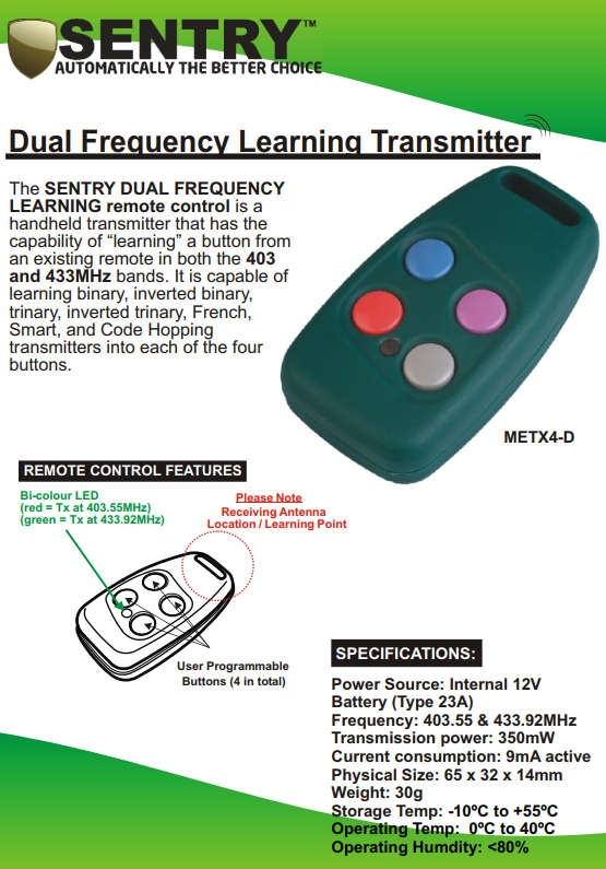 SENTRY 4 Button Transmitter 403/433MHZ Dual Learning GREEN  - Gate Remote Garage