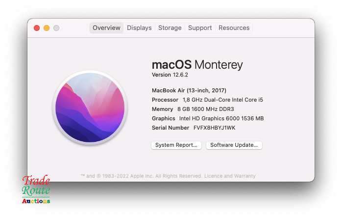 2017 MacBook Air 13.3-inch | Core i5 1.8GHz | 8GB RAM | 128GB SSD MacOS Monterey