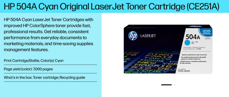 HP 504A Cyan Original LaserJet Toner Cartridge (CE251A)