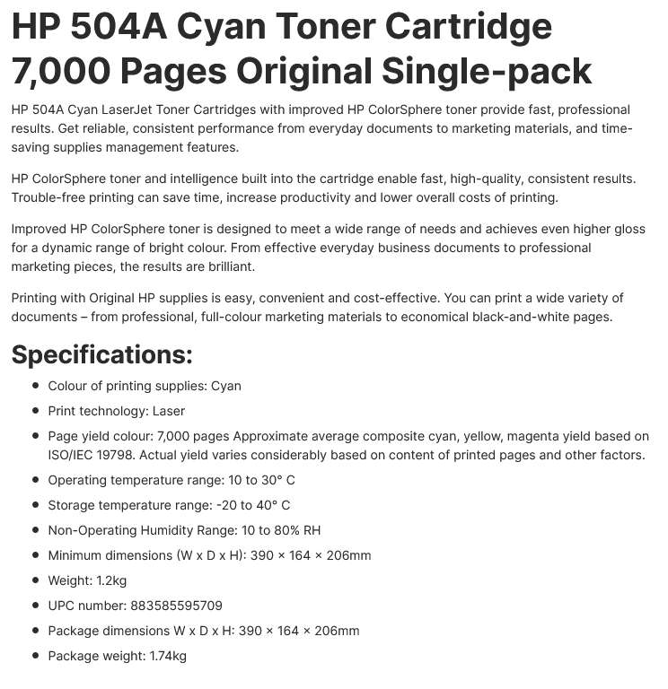 HP 504A Cyan Original LaserJet Toner Cartridge (CE251A)