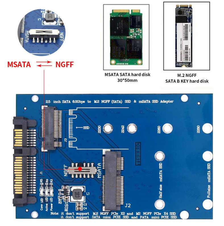 M.2 NGFF SSD or mSATA SSD to SATA III 7+15 Pin Adapter 2 in 1 Converter Card