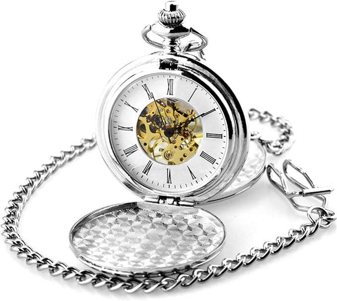 Double Open Mechanical Retro Style Skeleton Pocket Watch