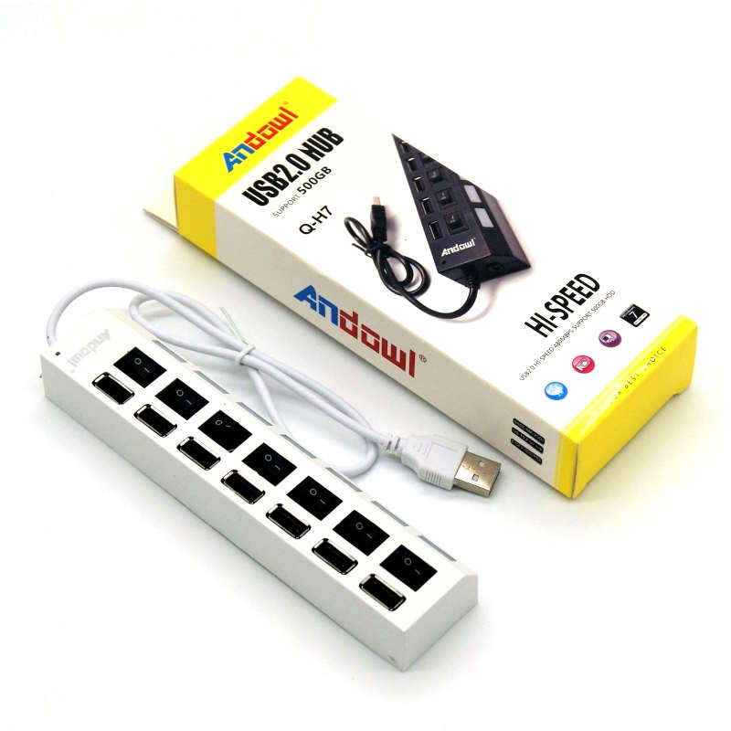 7-Port Usb 2.0 Hub With Led Light Indicator & Individual Switch - White