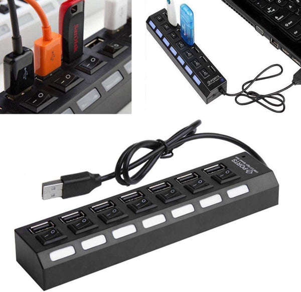 7-Port Usb 2.0 Hub With Led Light Indicator & Individual Switch - White