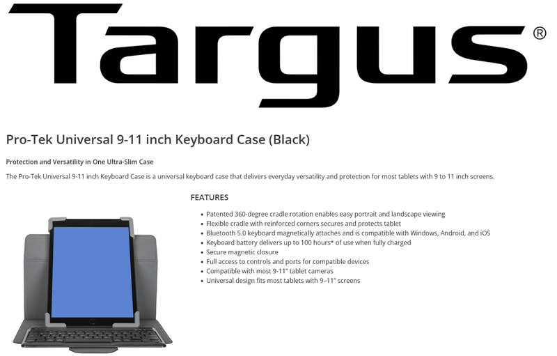 Targus Pro-Tek Universal 9-11" Keyboard Cover Case Bluetooth 5.0 Magnetic Closure