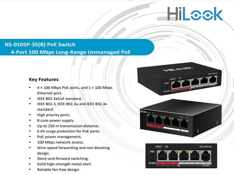 HiLook 4 Port Fast Ethernet Unmanaged POE Switch