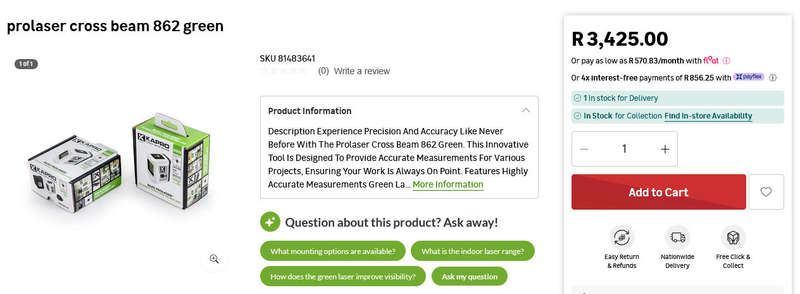 KAPRO Prolaser 862G Cross beam laser (GREEN) - Range upto 20m