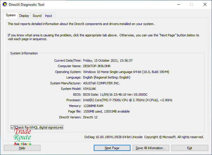 ASUS X541UAK 15.6inch FULL HD LAPTOP | CORE i7 7500U 7th Gen 2.9GHZ | 12GB RAM | 120GB SSD