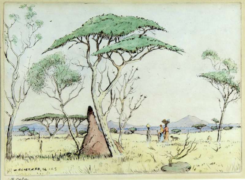 WH Coetzer - Figures in a landscape etching