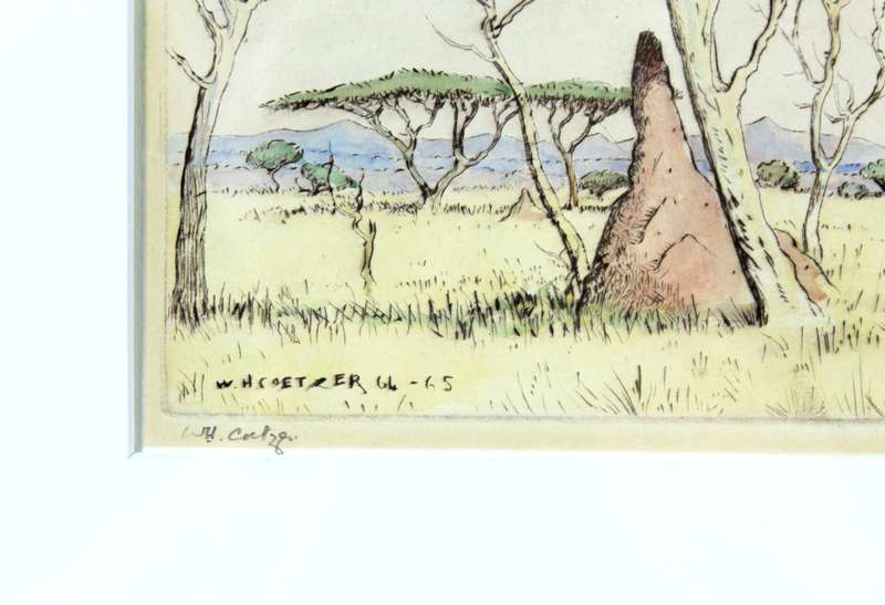 WH Coetzer - Figures in a landscape etching