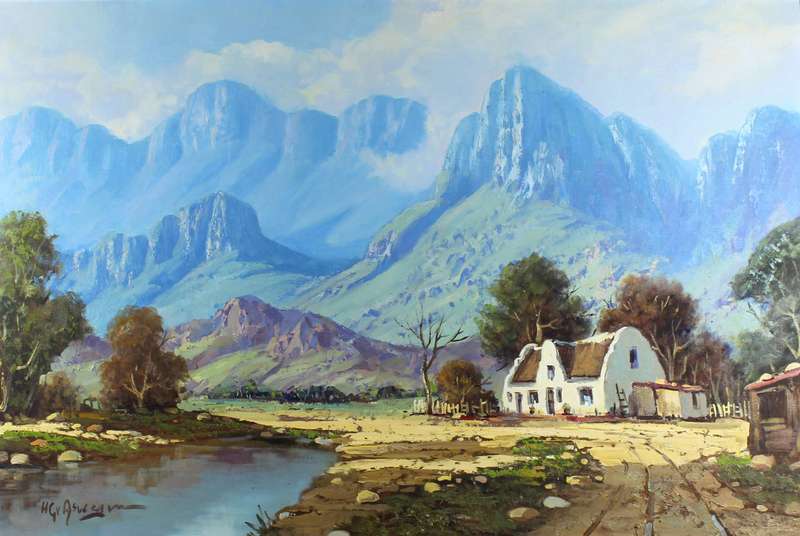 HG van Aswegen - Cape Dutch house with mountains