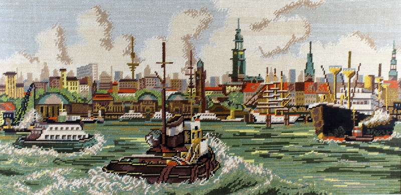 Tugboats in the harbor tapestry
