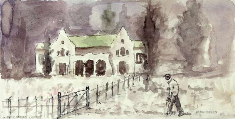 W Buchhorn - Figure walking by a Cape homestead