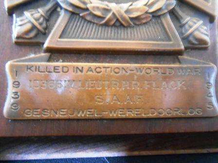 Death Plaque to WWII SAAF Lt