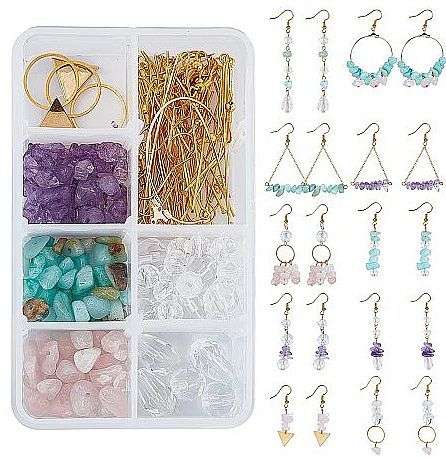 ***DIY*** 10 Pairs /  Natural Gemstone Chips /Glass Beads / Brass Gold Tone Earing Making Kit