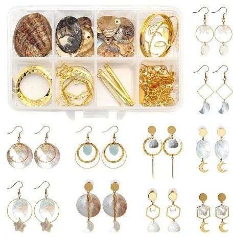 ***DIY*** 10 Pairs / Natural Akoya Shell Charms  / Gold Tone / Alloy Pendants/  Earring Kit