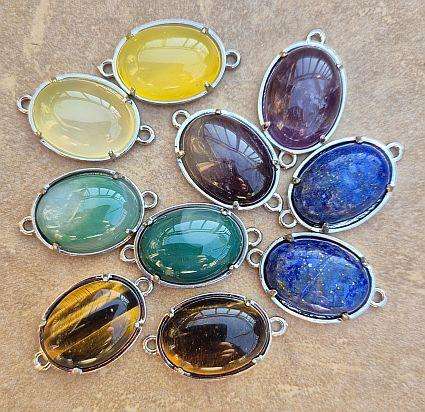 10Pcs Assorted Natural Gemstone / Oval / Brass / Silver Tone Connectors