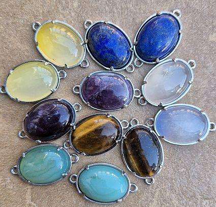 12Pcs Assorted Natural Gemstone / Oval / Brass / Silver Tone Connectors