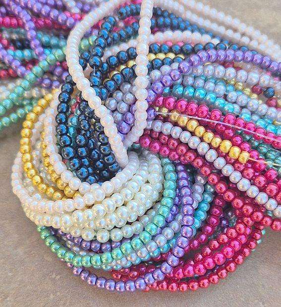 20 Strands  (+/-3mm) Assorted /  Glass Pearl Beads Painted /  Bid Per Strand +/- 200 pcs Per Strand