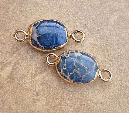 *Clearance Sale* 1 pc Natural / Imperial Jasper  / Blue / Oval / Gold Tone /  Link / Connector
