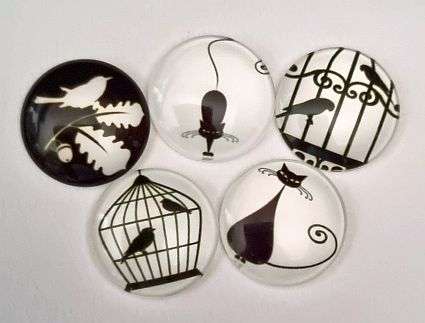 *Clearance Sale* DIY ***5pc x 25mm  Black White  / Bird / Cat  / Round Glass Cabochon