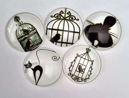 *Clearance Sale* DIY ***5pc x 25mm  Black White  / Bird / Cat  / Round Glass Cabochon