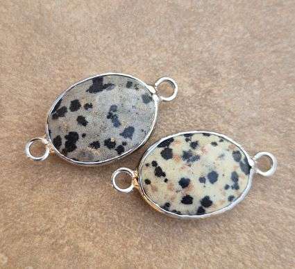 *Clearance Sale*1 pc Natural /  Dalmatian Jasper  / Faceted / Oval / Silver Tone /  Connector