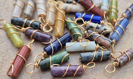 30 Pcs Assorted Natural Gemstones / Column / Copper Wire Wrapped / Charms / Gold Tone