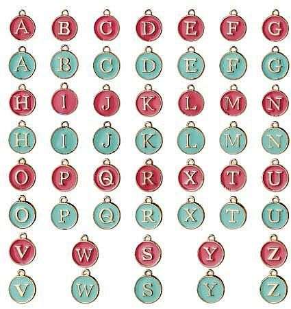 52pc Alphabet  / Gold Tone / Pink / Green Charms / +/- 14x12mm