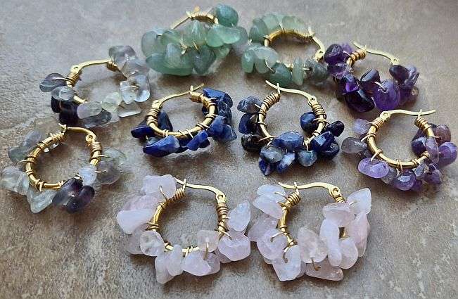 5 Pairs Natural Gemstone / Chips /  Stainless Steel Hoop Earings / Gold Tone