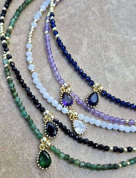 5 Pcs Natural  Gemstone Beaded  Necklace / Cubic Zirconia Teardrop Pendant /