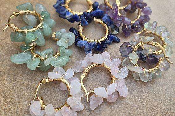5 Pairs Natural Gemstone / Chips /  Stainless Steel Hoop Earings / Gold Tone