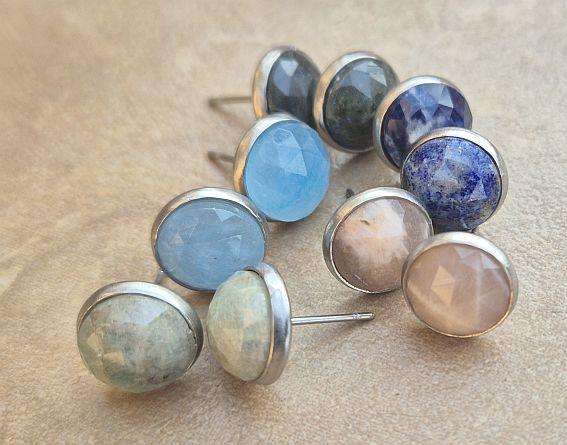 5 Pairs Natural Gemstone /  Faceted Flat Round  /  Stainless Steel  Earings